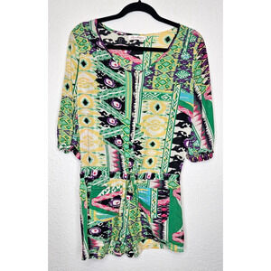 Alice Moon Womens Shorts Romper Medium Green Aztec Roll Tab Button Down Boho